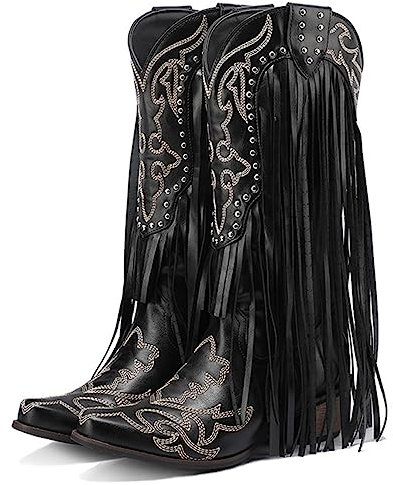 CRETUAO Stivali Western Donna con Rivetti con Frange,Stivali a metà Polpaccio Comfort con Tacco Basso Ricamati in Stile Nazionale,Stivali Cowgirl Equitazione Tacco Grosso Classico,Black 1,40 EU