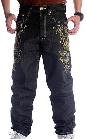Homme Jeune Mode Hip Hop Pantalon Jean Grande Taille Baggy Jambe Droite Pantalon De Skateur avec Brodée pour Danse De Rue Rap (Noir,M)