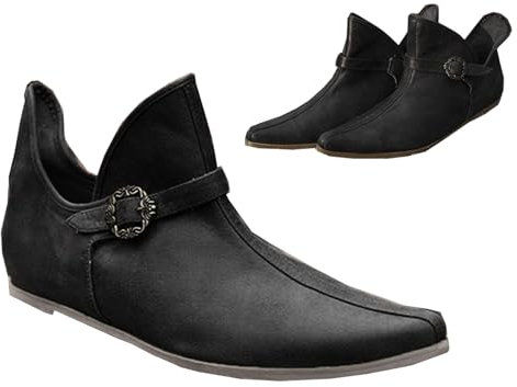 Mittelalterliche Stiefel Männer Frauen Kurze Stiefel PU Leder Flache Schuhe mit Verstellbaren Gürtelschnalle Retro Leder Stiefeletten für Männer Frauen,Schwarz,43