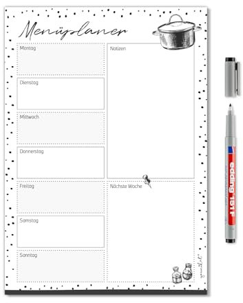 Menüplaner Dots magnetisch I DIN A4 I 21 x 29,7 cm I Essensplaner schwarz weiß gepunktet I abwischbar wiederbeschreibbar I dv1298