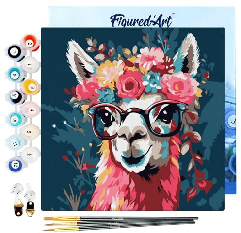 Figured'Art Mini Peinture par Numéro Adulte 20x20cm avec cadre Lama Fantaisie et Fleurs - Petit Format Kit de Loisir Créatif DIY Numéro d'Art Complet
