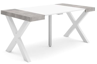 Skraut Home | Table Console Extensible | Console Meuble | 160 | pour 8 Personnes | Pieds Bois Massif | Style Moderne | Blanc et Ciment