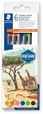 STAEDTLER Doppelfasermaler wasservermalbar, für Aquarell-Effekte, zwei Linienbreiten, feine Spitze und breite Pinselspitze, Kartonetui mit 6 brillanten Farben, 3001 C6-3
