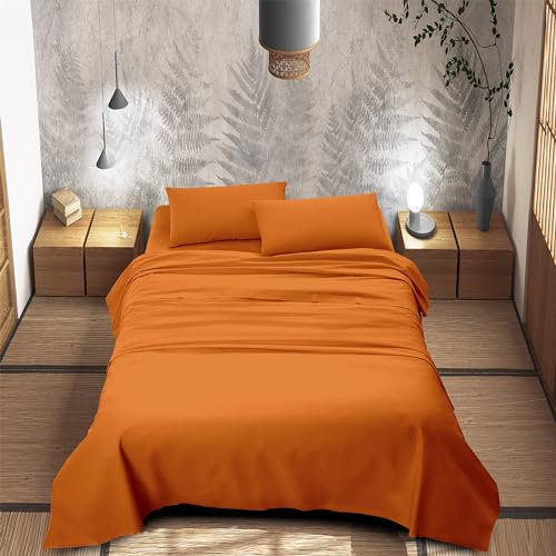 IlGruppone Completo Letto 100% Puro Cotone Set Lenzuola Tinta Unita Lenzuolo Sotto Sopra e Federe Copri Cuscini Biancheria Da Letto - Arancio - Matrimoniale