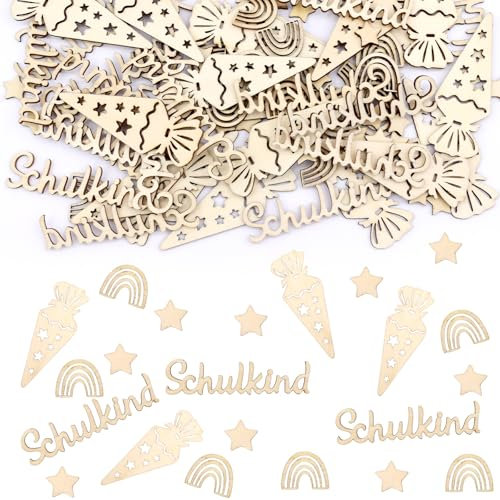 KASURE 100 Stück Einschulungskonfetti Holz, Schulkind, Kegel-Bonbontüte, Regenbogen, Stern, Hochzeit, Verlobung, Valentinstag, Gold, Klein, Muster und Formen (Patterns and Shapes), Schulstart
