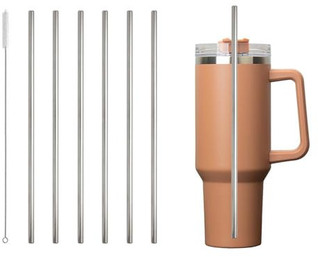 6 PCS Stainless Steel Replacement Straws for Stanley 40oz Cup, Reusable Straws Compatible with Stanley Adventure Quencher Travel Tumbler, Durable Cup Straws with Cleaning Brush Silvery
