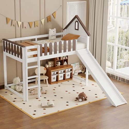 KOMHTOM Lit en Mezzanine avec escalier Lit d'enfant 90x200, lit Toboggan avec tête de lit et sommier à Lattes Lit Une Place(Matelas Non Inclus) (204 x 232.5 x 172 cm)