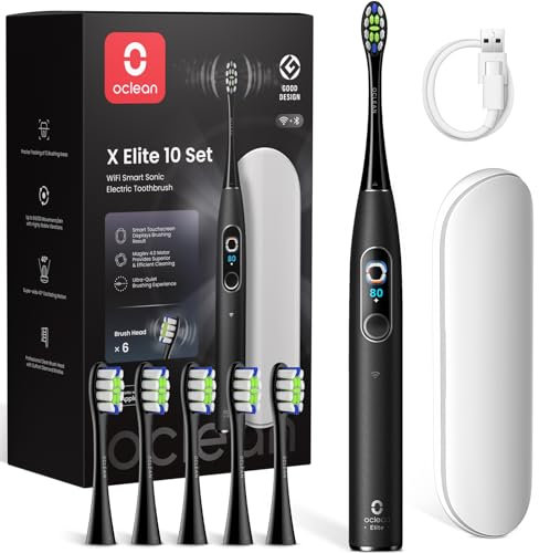 Oclean elektrische Zahnbürste X Elite 10 Set, 5 Putzmodi Schallzahnbürste mit Timer, 12 Bereichsverfolgung, Reisezahnbürste mit Reiseetui,Sonic Electric Toothbrush mit 6 Bürstenköpfe, 45dB, Schwarz