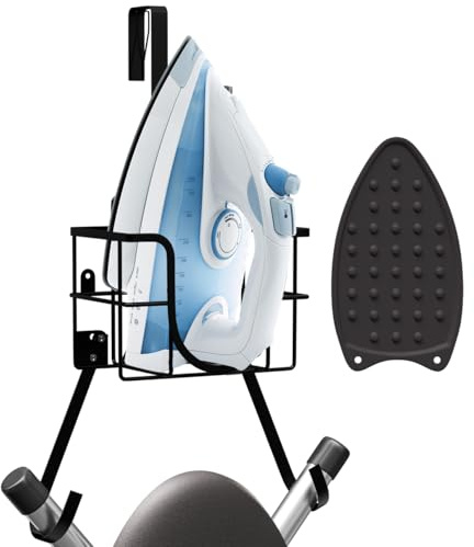 Hearth & Harbor Ironing Board Holder Wall Mount & Over The Door Hanger, Laundry Room Storage & Organization Space Saving, Iron & Ironing Board Hanger T&V Shaped, Black