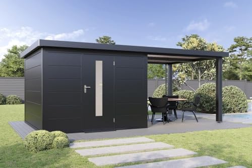 Finnhaus Wolff Metall-Gerätehaus Thorin 6030 Anthrazit Gerätehaus aus Metall in Anthrazitgrau, Geräteschrank mit 0,55 mm Wandstärke inklusive Terrasse inklusive Schleppdach Gartenhaus