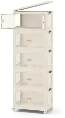 GOPLUS Aufbewahrungsbox mit Deckel & Rollen, Aufbewahrungsschrank stapelbar mit Türen & Handgriff, Klappbox Ordnungsboxen Stapelbox Aufbewahrungsbehälter für Wohnzimmer & Schlafzimmer (5 Ebenen-265L)