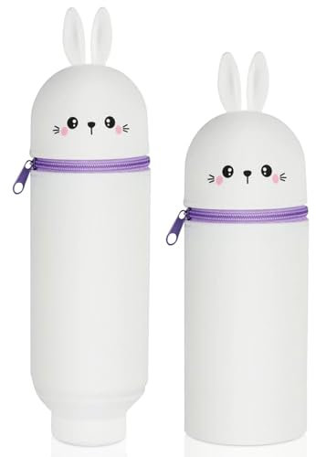 Veftsvy 2-in-1 Silikon Federmäppchen, Kawaii Federmäppchen, Federmäppchen aus Weichem Silikon mit Teißverschluss, Cartoon Federmappe und Stiftehalter für Jungen und Mädchen (Kaninchen)