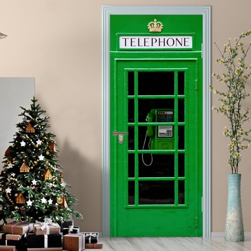 TüRtapete Selbstklebend TüRposter TüRaufkleber Tapete, Wandaufkleber für Schlafzimmer, Heimdekoration, wasserfest, abnehmbares Premium Vinyl Upgrade, grün gestrichene Londoner Telefonzelle