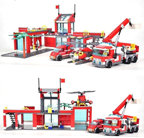 highdar City Feuerwehrauto Bausteine Bausatz, 758 Klemmbausteine Feuerwehr Konstruktionsspielzeug mit 5 Figuren und 3 Fahrzeugen, Geschenk Lernspielzeug für Jungen und Mädchen 6-12 Jahren