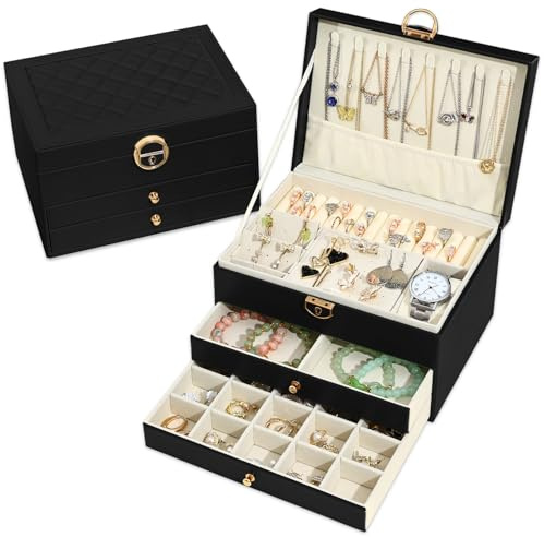 Granbest 3 Schichten Schmuckkästchen mit 2 Schubladen, Elegante Schmuckkasten, Leder Schmuckbox Ideal für Halsketten, Armbänder, Ringe und Ohrringe (Schwarz)
