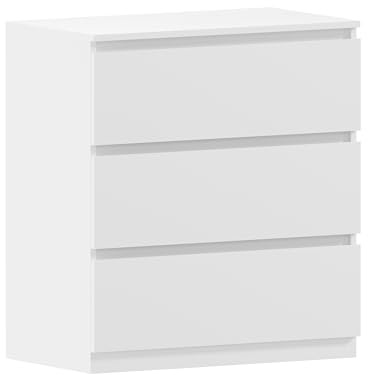 MMT White Chest of Drawers 3 Drawer Bedroom Furniture Unit (70cm x 77cm x 40cm) Modern Storage Cabinet for Bedroom or Living Room