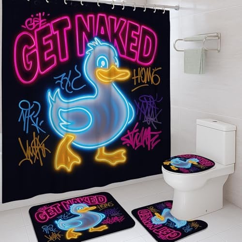 Duschvorhang-Set mit Neonenten, Graffitis, Badvorleger, Zubehör für Badezimmer-Dekor, lustiger, moderner wasserdichter Stoff, Duschvorhang-Set mit Haken, 183 x 183 cm, 4-teilig