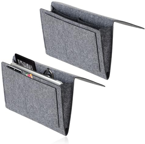 DYHNQE 2 Stück Bett Organizer zum Einhängen, 32×20 cm Filz Betttasche Anti-Rutsch Betttasche zum Einhängen 5 Fächer Bett Organizer für Buch Zeitschriften Handy Fernbedienung (Gray)
