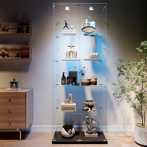 KSFASHZ Glasvitrinen mit 5 Etagen, 2 Türen, Wohnzimmervitrine mit LED und Schloss, Vitrine mit Säulenform, Vitrine aus Glas, geeignet für Wohnzimmer, Schlafzimmer, Bar