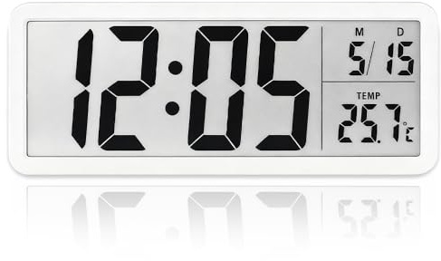Weciau Digital Wall Clock, USB/Battery Operated Wall Clock with 12/24 Hr, Temperature, Time, Date Display, 8'' LCD Digital Desk Clocks for Bedroom Living Room School Office (White)