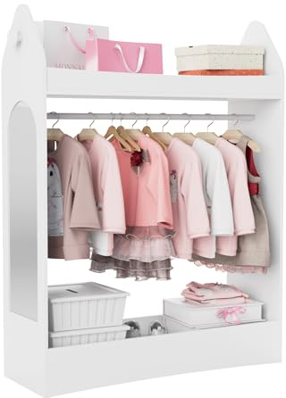 NACHES Kleiderständer Kinder Garderobenständer mit Ablagen, Spiegel und Haken Kleiderstange Garderobe aus Holz 81 x 28 x 106,5 cm (Rakete, Weiß)