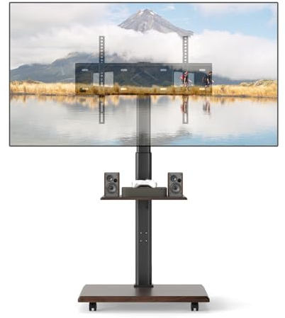 TANGZON Mobile TV Stand on Wheels, Rolling Floor TV Mount Cart with Media Shelf, Tilt Height Adjustable, Cable Management for 32-75in LED/LCD/OLED TVs, Holds 50kg, Max VESA 600x400mm (Walnut + Black)