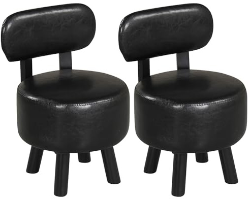 COSTWAY 2er Set Sitzhocker mit Rückenlehne, gepolsterter Hocker mit Kunstlederbezug & Gummibaumholzbeinen, Kleiner Fußhocker bis 150 kg Tragkraft, Polsterhocker (Rund,Schwarz)
