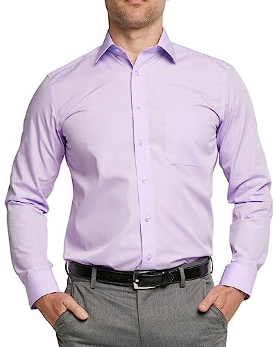 Double TWO Men's Long Sleeve Plain Formal Shirt Non Iron Classic Fit Business Dress Shirt - Mauve, 18in Collar