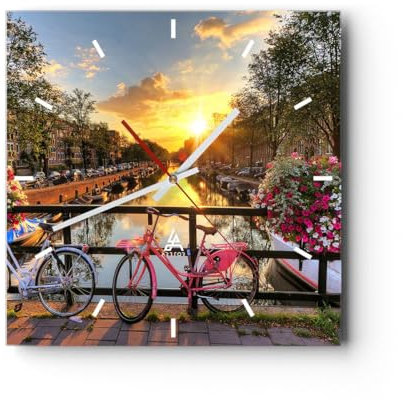Modern Wanduhr Bikes Kanal Amsterdam Architektur 30x30cm Quadrat Klein Wand Uhr Glas Analog Zimmeruhren Küche Büro Wohnzimmer Glasuhr Wall Clock Dekoration Design Küchenuhr C3AC30x30-3081