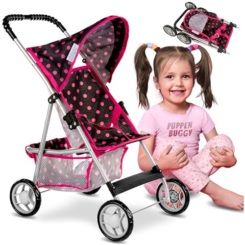 Kinderplay Puppenwagen, Puppenbuggy ab 3 Jahre - Puppen Buggy Puppe mit Anschnallgurt und Einkaufsnetz | Kinderwagen mit Leichtgängiger Räder und weichem Soft-Griff | Puppenbuggy ab 4 Jahre, KP0280G
