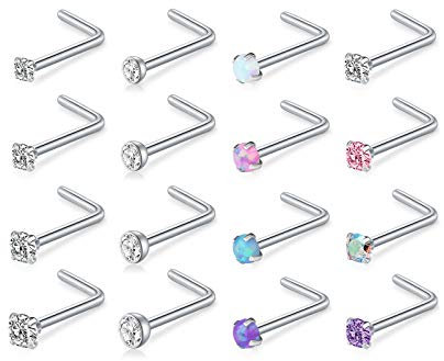 D.Bella 18G Nasenstecker Nasenpiercing Chirurgischer Edelstahl L-Form Nasenring mit Opal und Zirkonia Nase Stecker Piercing Schmuck 16 Stk