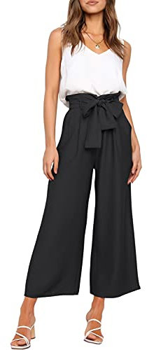 FANCYINN Damen 2 teiliges Crop Pants Set mit weitem Bein Wide Strap V-Ausschnitt Tank High Waist Cropped Paper Bag Hose mit Gürtel Schwarz M