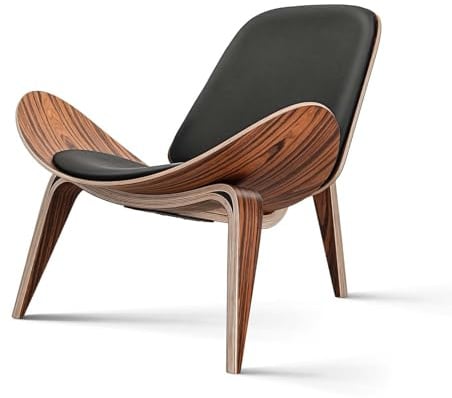 Furgle Mid Century Modern Shell Lounge Chair, PU Leather, Tripod Plywood Classic Design Solid Wood Accent Chairs for Living Room, Reading, Lounge, Office, Salon