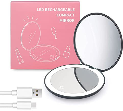 wobsion LED Spiegel mit 1X / 10X Vergrößerung,USB Wiederaufladbar Faltbarer Reisespiegel mit Licht Dimmbarer,Tragbarer Taschenspiegel für Reise und Makeup,Kleiner Handspiegel als Geschenk,Schwarz