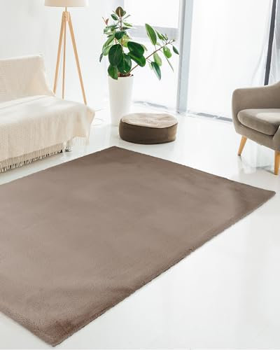 Qiyano Teppich Wanga Hochflor - Fellimitat, flauschig, weich, Soft, kuschelig, einfarbig, Pastell - Wohnzimmer, Schlafzimmer, Kinderzimmer, Büro - Farbe: Taupe, Größe: 120 x 170 cm
