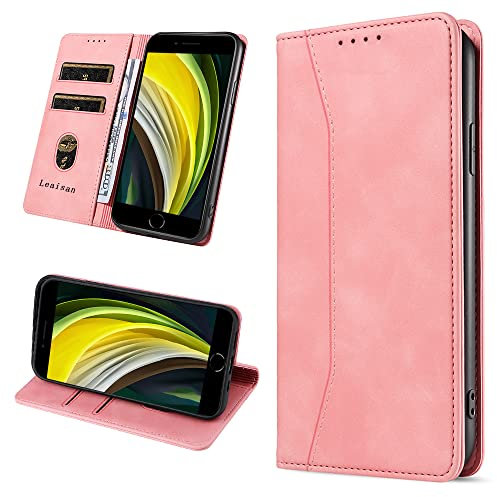 Leaisan Handyhülle für iPhone SE 2022/iPhone SE 2020 Hülle, iPhone 8/iPhone 7 Hülle, Premium Leder Flip Klappbare Stoßfeste Magnetische [Standfunktion] [Kartenfächern] Schutzhülle Tasche - Rose Gold