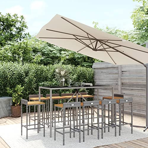 Tidyard 11-TLG. Gartenbar-Set Bartisch mit 10 Barhocker Rattenbar-Set Essgruppe Sitzgruppe Garten 10 Personen Gartenmöbel Bistrotisch Gartengarnitur Terassenmöbel Grau Poly Rattan & Massivholz Akazie