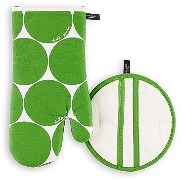 Kate Spade New York Joy Dot Oven Mitt & Pot Grabber 2-Pack Set, 7 x 13, 8 Round, Green/Cream