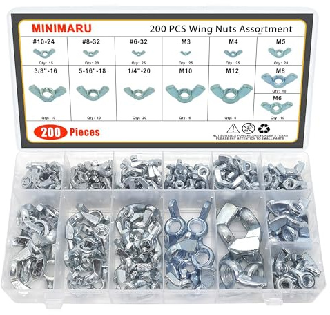 200 PCS Butterfly Wing Nuts Assortment Kit, SAE Metric 13 Sizes Carbon Steel Wing Nuts Fasteners, 1/4-20, 5/16-18, 3/8-16, #6, #8, #10, M3, M4, M5, M6, M8, M10, M12