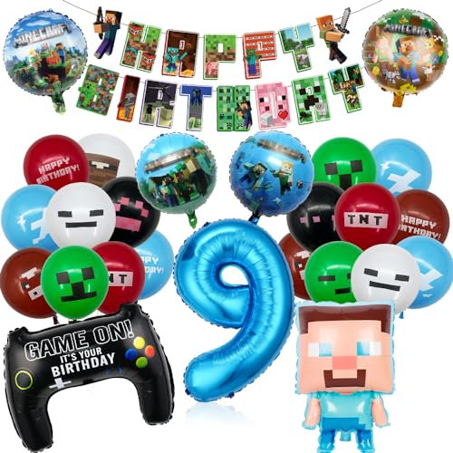 Pixel Luftballon Geburtstagsdeko 9 Jahre, 26 Stück Miner Gamer Kindergeburtstag Mitgebsel Jungen 9, Luftballon Geburtstag 9 Jahre Jungen Gamer Luftballon Deko Geburtstag Party Mitgebsel Luftballon