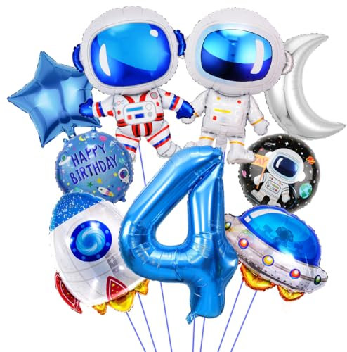 Weltraum Geburtstag Deko 4 Jahre, Rakete Astronauten Folienballon, Geburtstagsdeko 4. Junge, Runde Astronaut Helium Ballon, Raumschiff Luftballons für Jungen Kinder Geburtstag Universum Motto Party