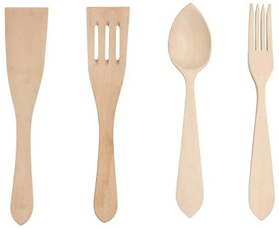 PoPproduct® - Utensilios de cocina de madera. Espátulas de madera. Utensilios cocina elaborados en España con MADERA DE HAYA NATURAL. Set de 4: dos espátulas + cuchara y tenedor.