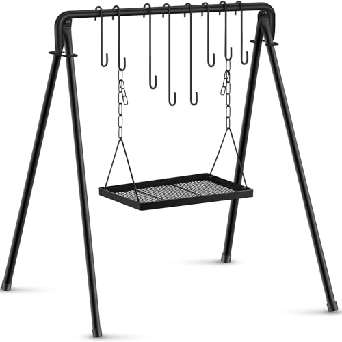 Rossesay Campfire Swing Grill Stand Adjustable Campfire Cooking Equipment Camping Accessories Cookware Hanging Rack with 8 Hooks and Portable Grill Stand for BBQ Picnic Outdoor Party(Normal Tray)