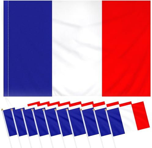 Bigqin Bandera de Francés Grande de 90x145 cm + 10 Piezas Mini Bandera Francés de 14x21 cm, Bandera Francés de Poliéster para Olímpicos, Euro 2024