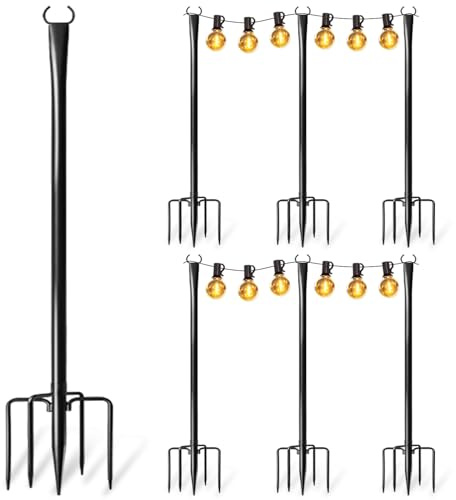 6 Pack String Light Poles for Outside, Upgraded Heavy-Duty Metal Poles for Outdoor String Lights with Fork, Adjustable Lighting Hanging Accessories for Patio Decor Pergola Backyard Garden Decorations