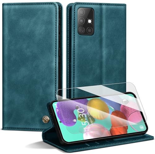 Handyhülle für Samsung Galaxy A51 4G Hülle,Premium Lederhülle für Samsung A51 [Mit 1 Stück Panzer Schutz Glas] Magnet Kartenfach Klapphülle Schutzhülle für Galaxy A51,BlauGrün