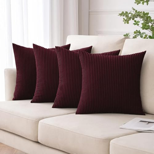 Moonlight Bedding Corduroy Cushions with Covers included Red Pack of 4 (4 covers, 4 inserts) 45 x 45 cm Decorative Stripe Throw Pillow Cases with Invisible Zipper for Living Room Bed Sofa