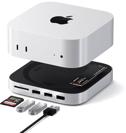 SATECHI Mac Mini M4 Hub & Stand with NVMe SSD Enclosure, Dock with 2 USB-A 10Gbps, USB-A Data Port, SD Card Reader for Mac Mini M4, M4 Pro - Silver