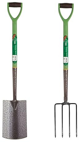 2 Piece Carbon Steel Garden Fork and Spade Set Heavy Duty Digging Spade & 4-Tine Fork with Ergonomic Y-Dee Handle Rust-Resistant & Durable Long Handled Gardening Tools for Soil Compost & Lawn Care