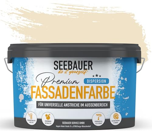 SEEBAUER diy Universal-Fassadenfarbe Gelb 2,5L für Außen (No. 440 Pineapple Juice) Hoch deckende Fassadenfarbe mit Wetterschutz - Geeignet für Putz, Mauerwerk und Beton